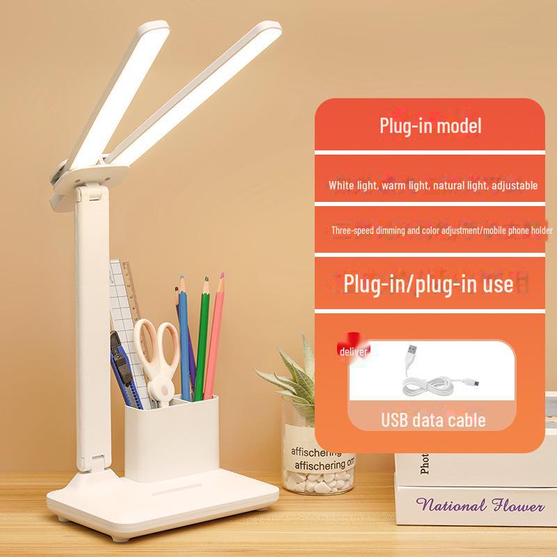 Lampă de masă LED cu două capete: Lampa de noptieră dimabilă, pliabilă, cu priză/reîncărcabilă pentru cămine și copii