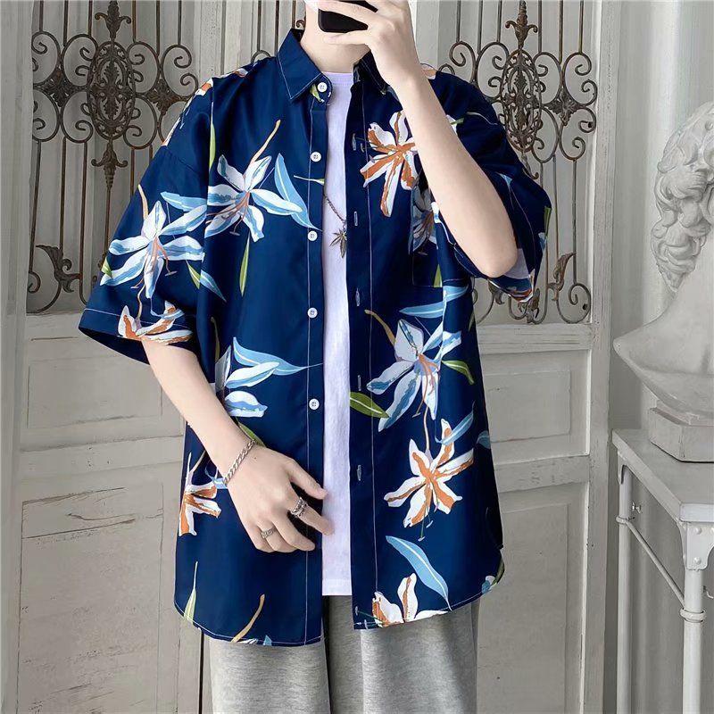 Men's Harajuku-Style Retro Floral Short-Sleeve Shirt: Hong Kong Ulzzang Beachwear with Sun Protection, Perfect for Couples.
