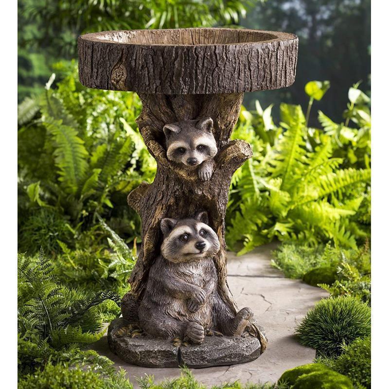 Garden Decor: Little Raccoon Resin Figurine with Bird Ornament