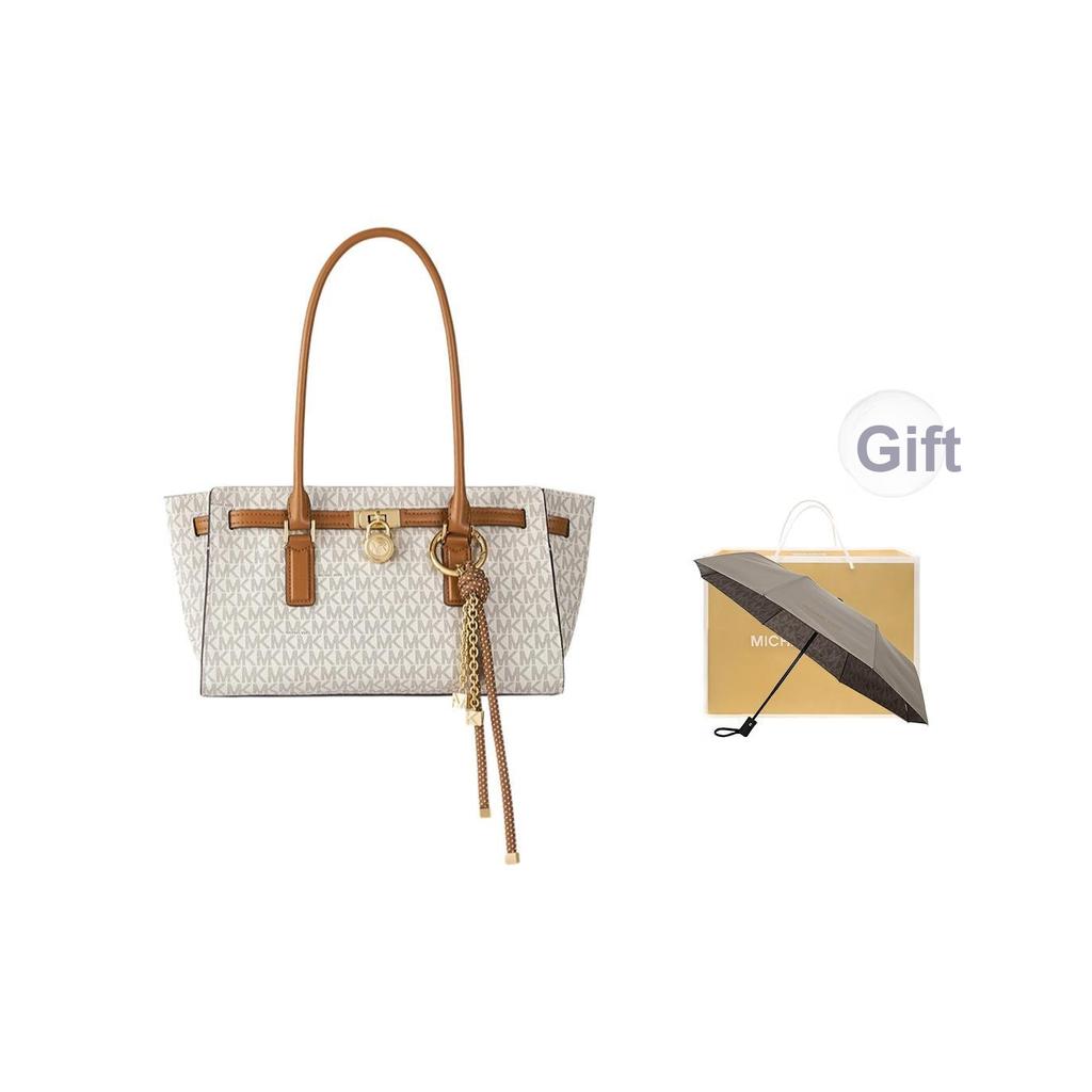Michael Kors M K Hamilton Logo Coated Canvas Gold Lock Decoration Shoulder Bag Small Women shoulder bag Vanilla-White Acorn-Brown 30F5GNXT0B-1546