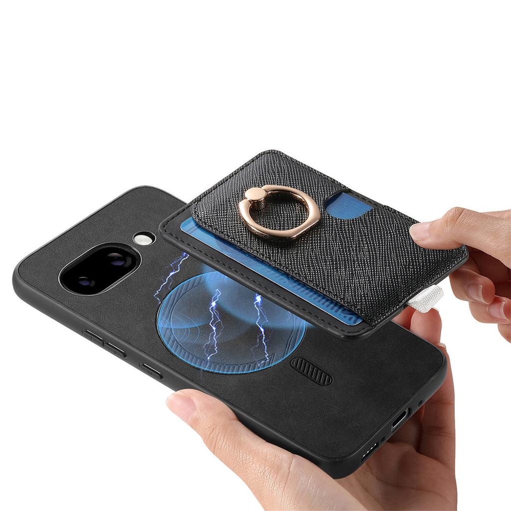 For Google Pixel 9a Case Ring Kickstand Leather + TPU + PC Phone Cover Detachable Card Holder
