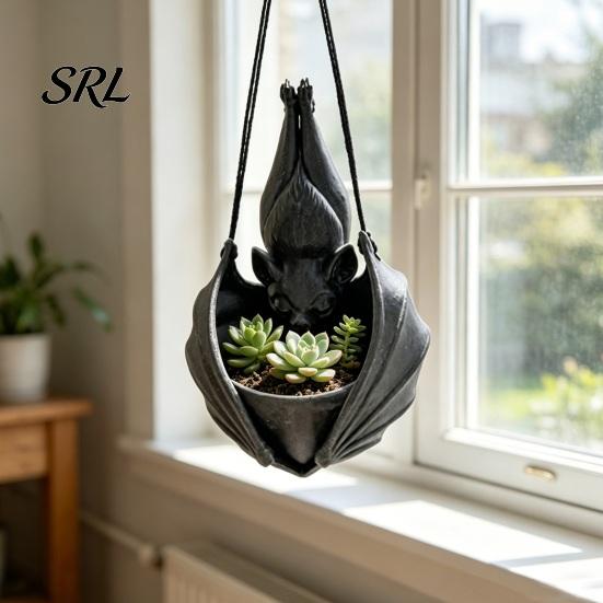 Novelty Gift for Gothic Enthusiasts Bat Shaped Hanging Planter, Plant Pot Indoor Outdoor Garden Mysterious Atmosphere Display Wall Decor, Unique Wing