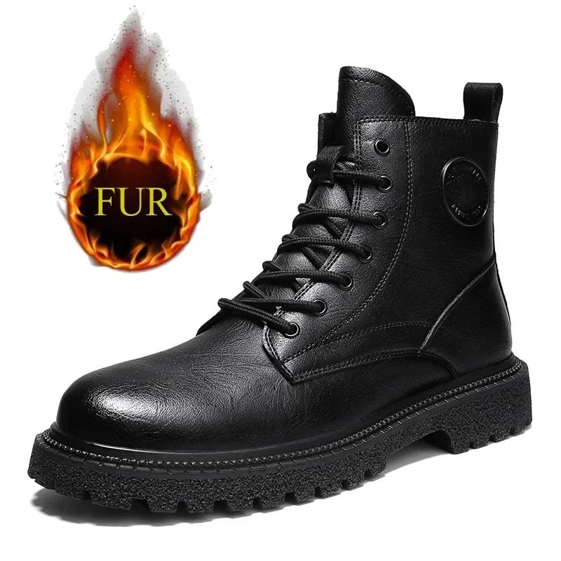 

Зимние плюшевые мужские кожаные ботинки на шнуровке, настоящие кожаные ботинки в британском стиле, повседневные высокие ботинки для отдыха с боковой молнией для мотоциклистов 43