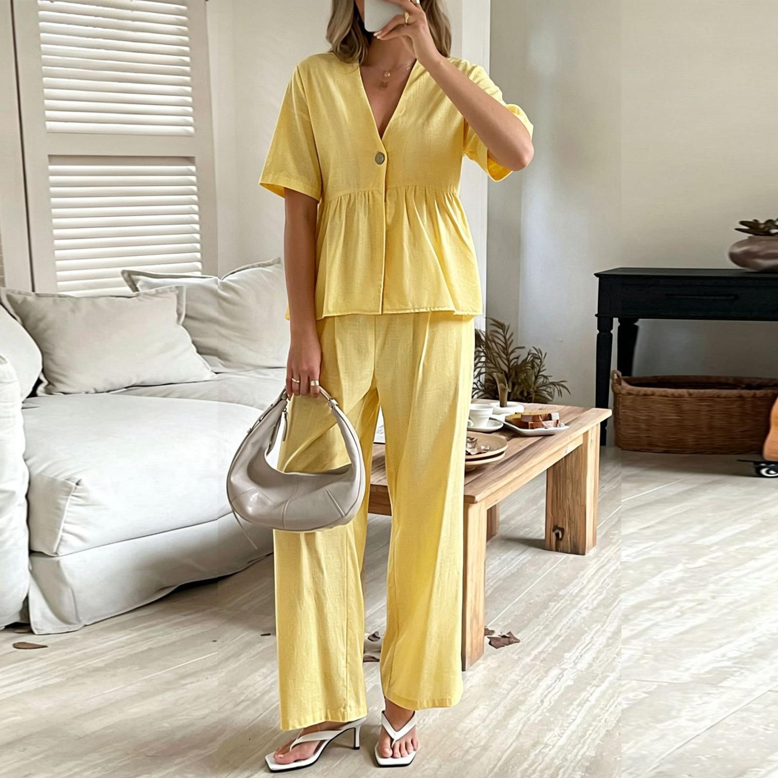

Two Piece Sets For Women Casual Long Sleeve Shirts And Short Pants XL жовтий
