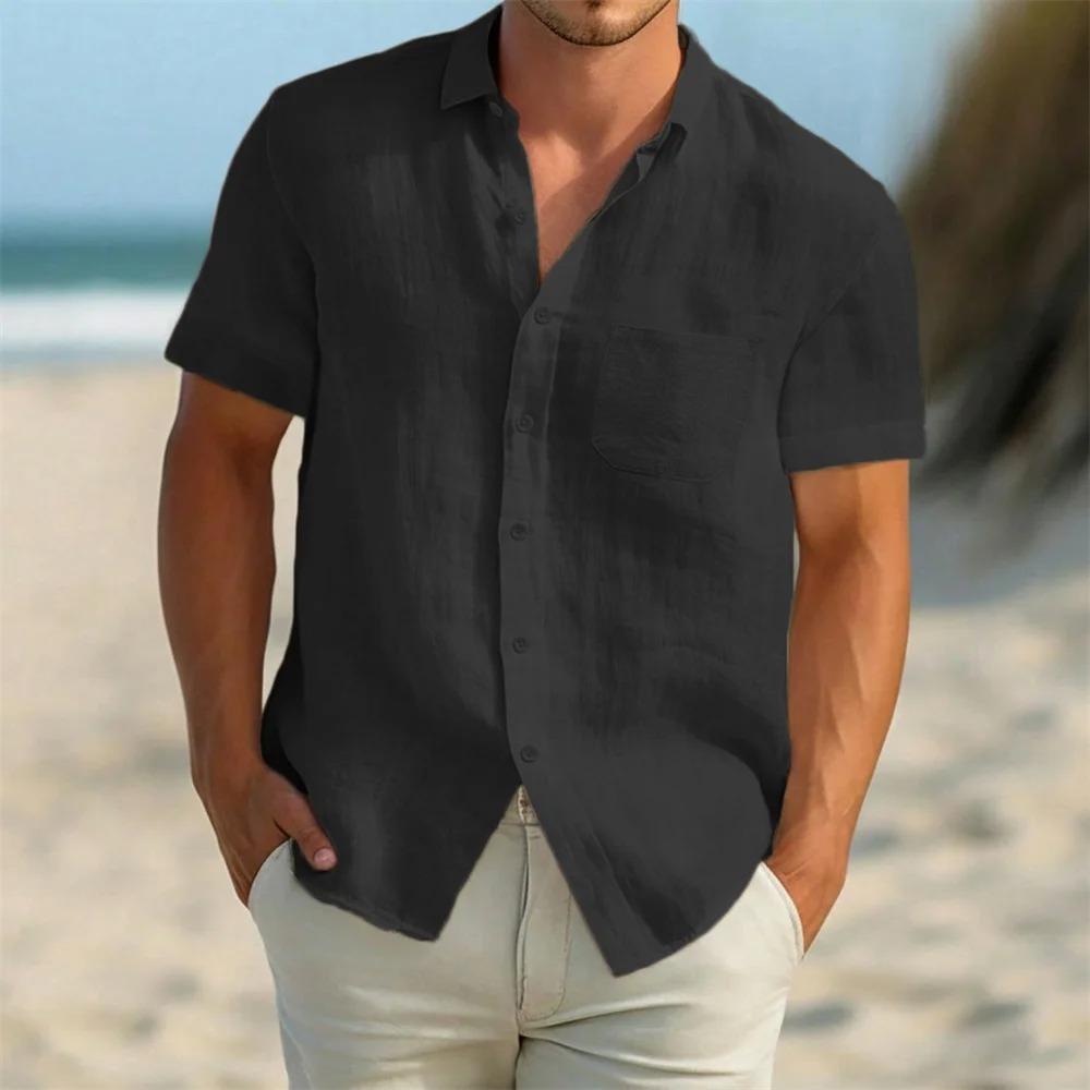 Lightweight Summer Linen Blend Short Sleeve Shirt for Men - Breathable Button Down Chest Pocket Casual Vacation Tops In Solid Colors