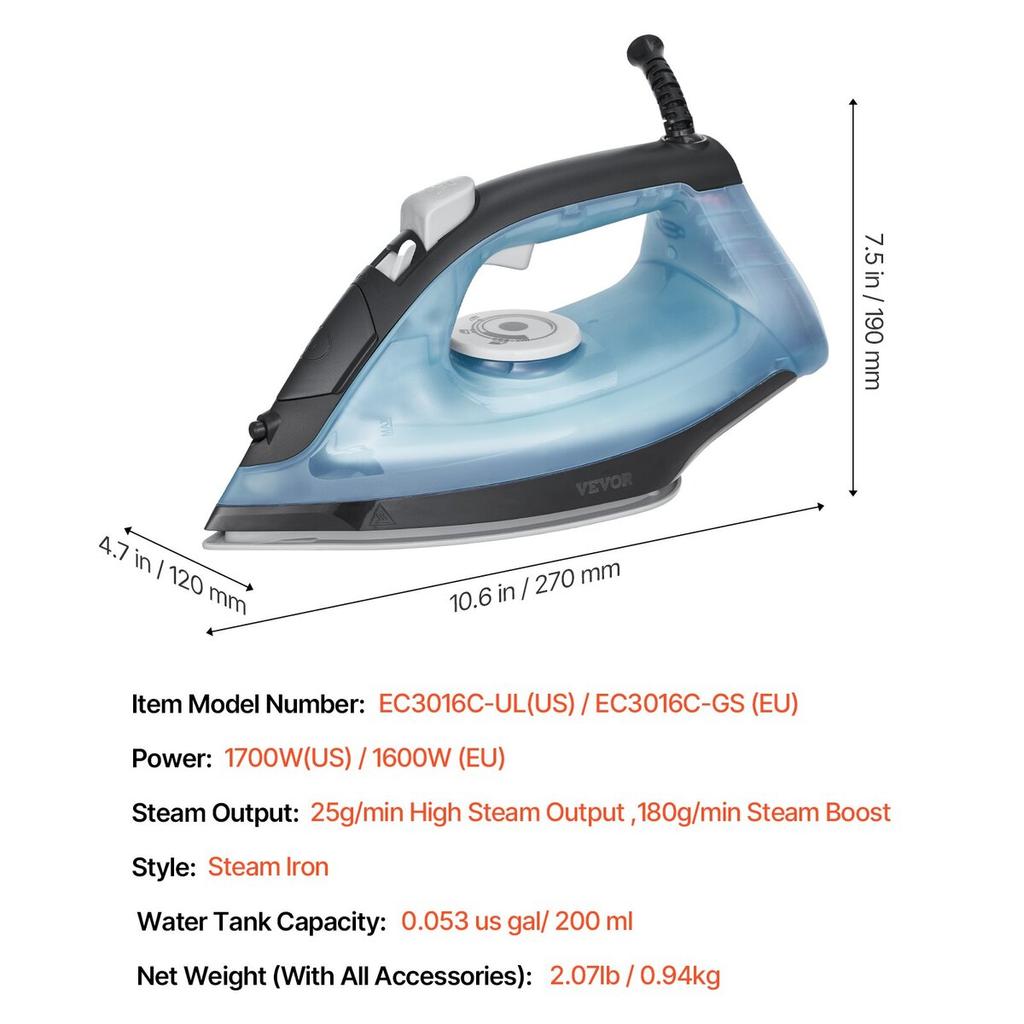 Steam Iron 1600W Iron for Clothes Auto Shut-Off Self-Cleaning for Ironing