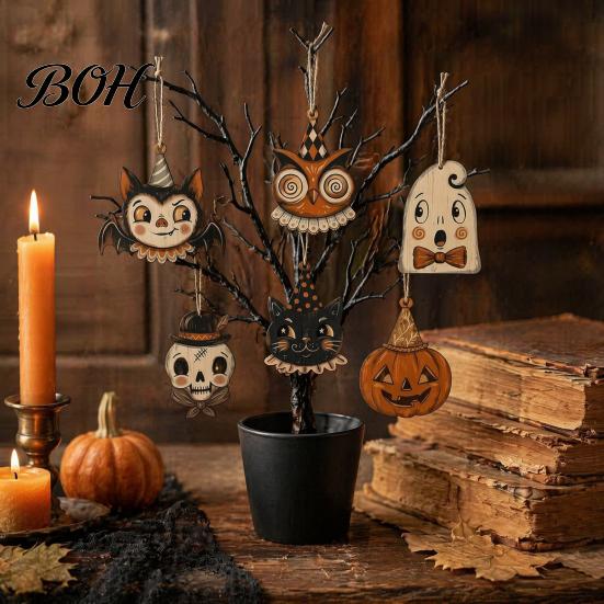 Decorative Tags for Gift Packaging 6 Pcs Vintage Halloween Wooden Ornaments, Rustic Farmhouse Cat Owl Pumpkin Lightweight Ornaments Branches