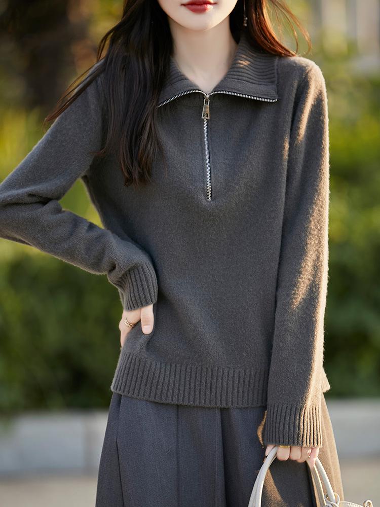 Women's Pure Australian Wool Half-Zipper Casual Lapel Sweater - Long-Sleeved & Thickened Base Layer
