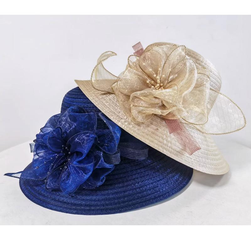 New hat women's summer straw visor sunscreen big edge organza flower straw hat beach hat