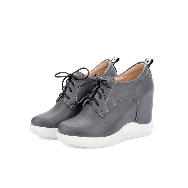 Women's Slope Heel Single Shoes Spring and Autumn Inner Height Increase Casual Lace-up Low-top Shoes