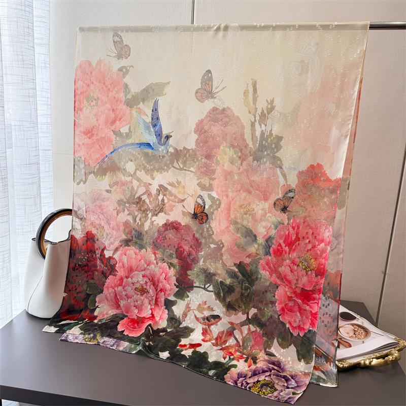 Literary style printing flower cutting spring and summer silk scarf large long scarf high sense travel shawl sun protection women's scarf headscarf