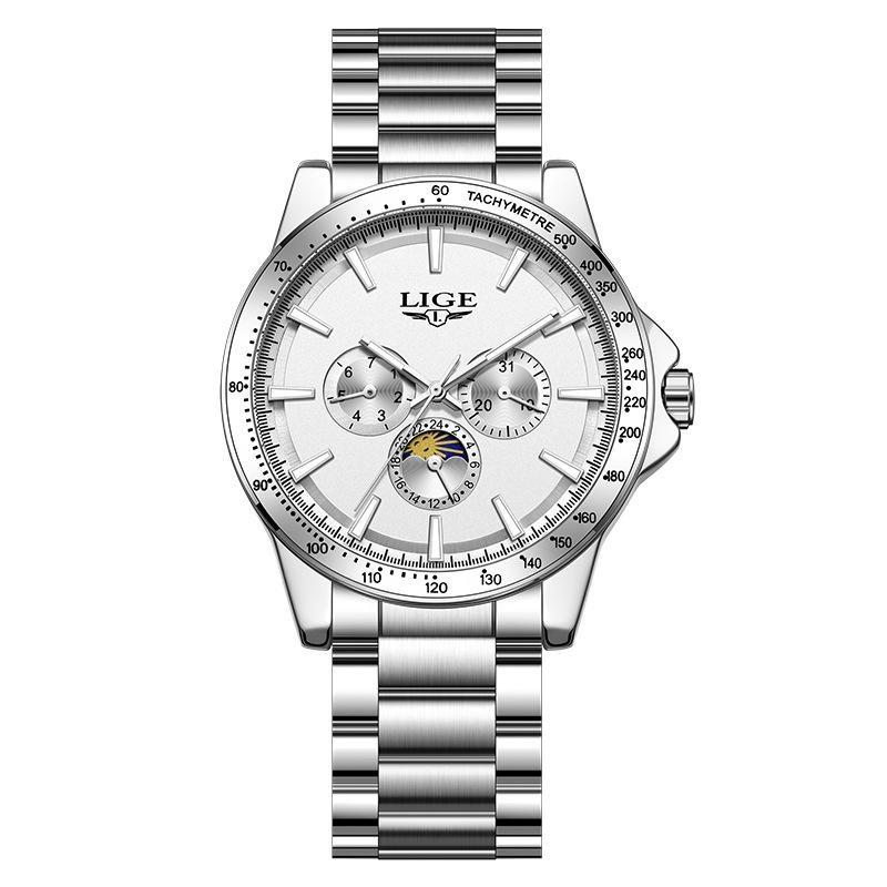 LIGE Unique Dial Quartz Man Watch Stainless Steel Business Luxury Clocks 24-Hour Moon Phase Waterproof Date Week Watches