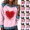 Women's Fashion Flared Long Sleeve Denim Patchwork Sweatshirt Valentine's Day Print Casual Pullover Top