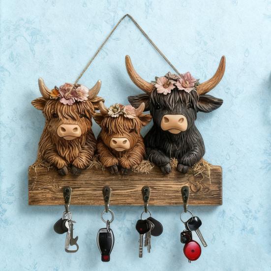 Highland Cow Ornaments Key Holder Wall Mounted Rustic Wooden Key Holder with 4 Hooks Cow Wall Decorative Rack for Entryway Hallway Farmhouse