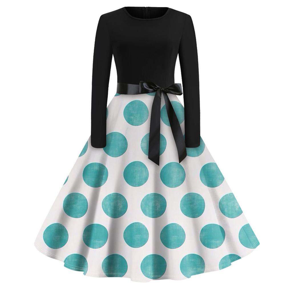 Women's Vintage Geometry Printed Long Sleeve Round Neck Plus Size Evening Prom Dresses
