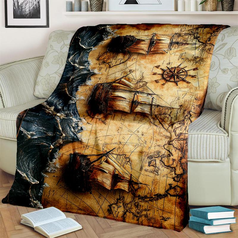 2025 New Style Retro Marine Nautical Chart Compass 3D Blanket,Soft Throw Blanket for Home Bedroom Bed Sofa Travel Office Cover