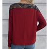 Sexy Hollow Lace Patchwork Round Neck Long Sleeved T-shirt Top for Women Shirt