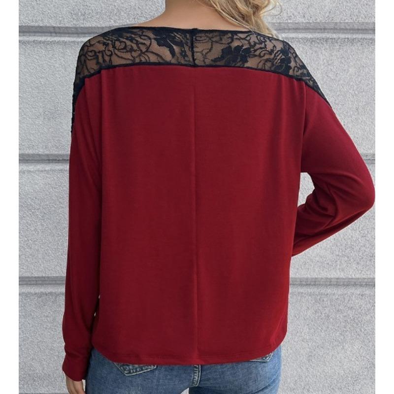 Sexy Hollow Lace Patchwork Round Neck Long Sleeved T-shirt Top for Women Shirt