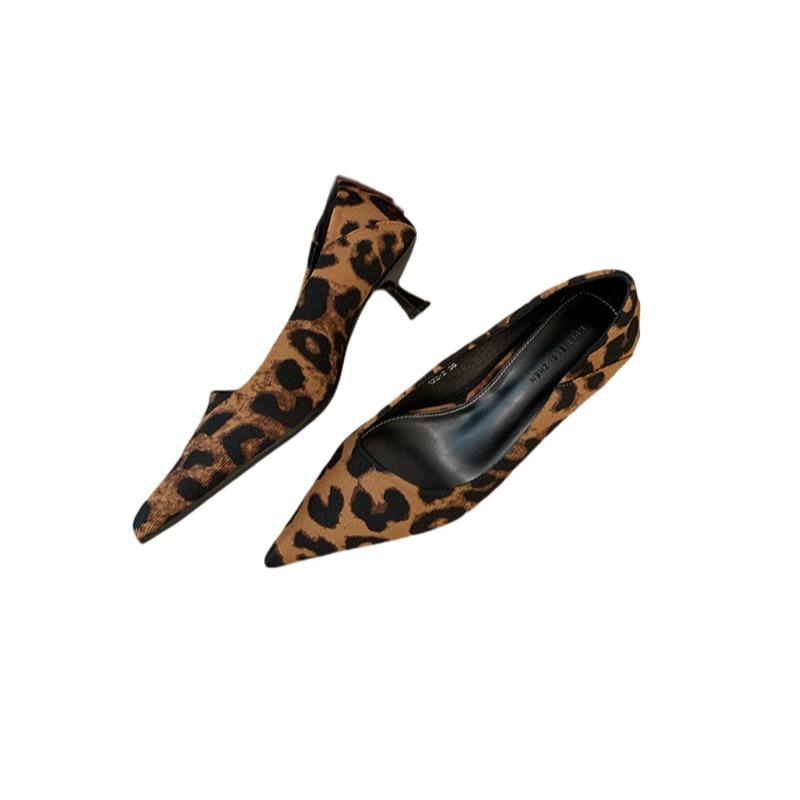 New Pointed Shallow Mouth Slim Heeled Women's Shoes with Leopard Print High Heels Shoes for Women