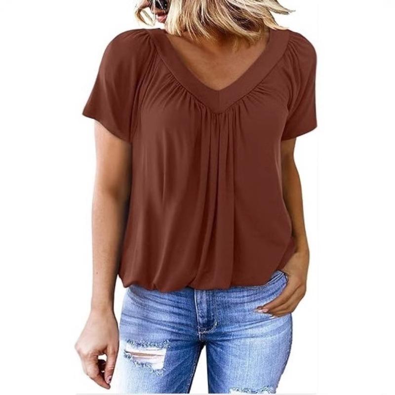 Personalized V-neck Raglan Sleeve Pleated Casual Daily Home T-shirt