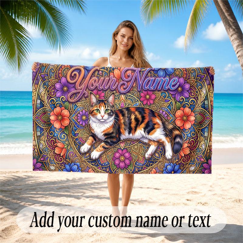 Cat Theme Soft Beach Towel Personalized Custom Name Text Towel Portable for Beach Pool Travel