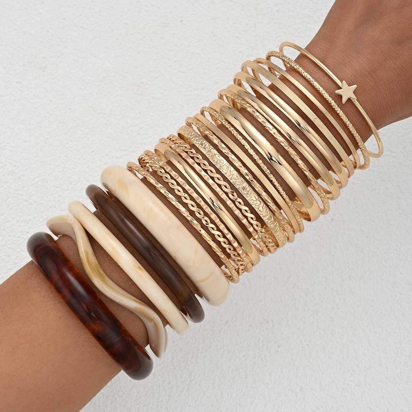 

23 Pcs Gold Color Geometric Textured Cuff Bangle Set for Women Vintage Elegant Minimalist Smooth Star Resin Bracelets Jewelry
