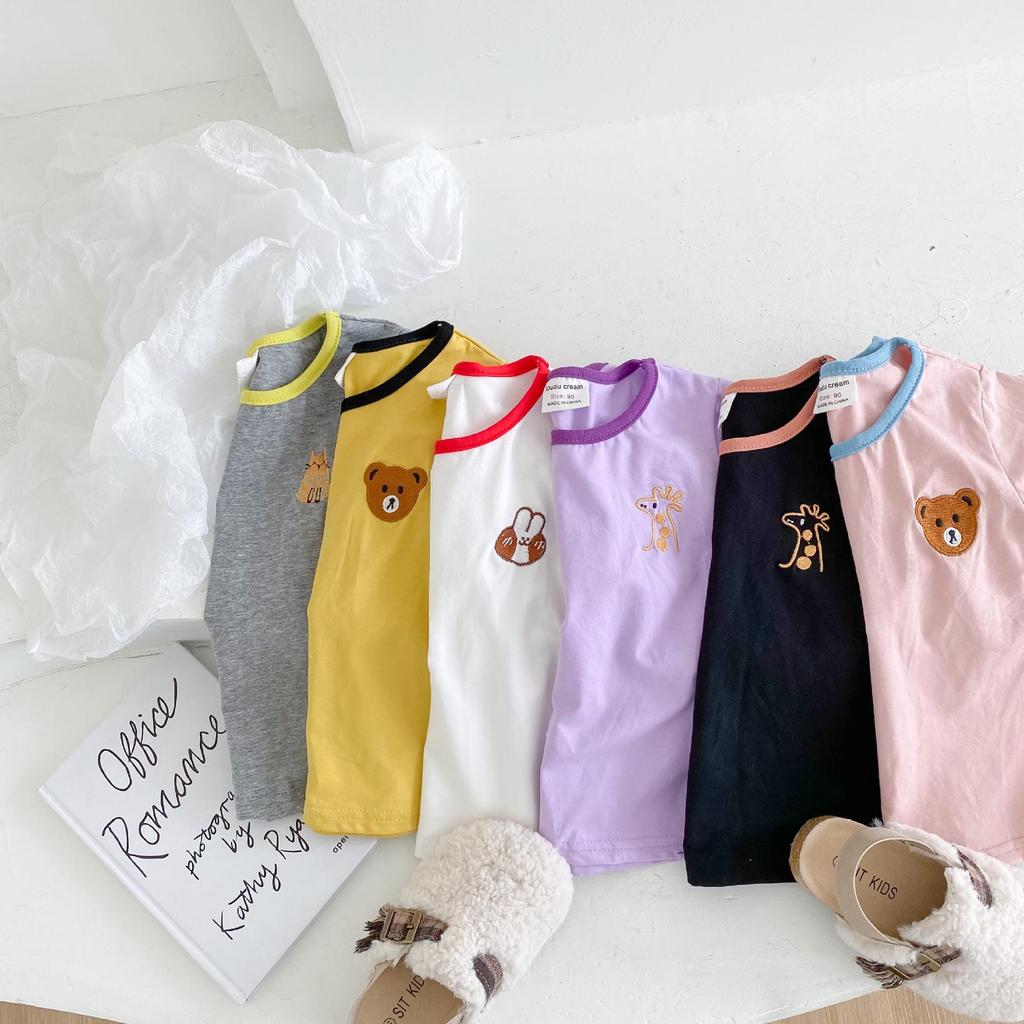 2025 Summer Girls' Cartoon Bear Embroidered Cotton T-shirt - Short Sleeve, Round Neck, Korean Style