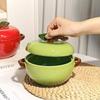 Green Apple Ceramic Binaural Soup Bowl with Cover Household Creative Student Dormitory Instant Noodles Pasta Bowl Tableware
