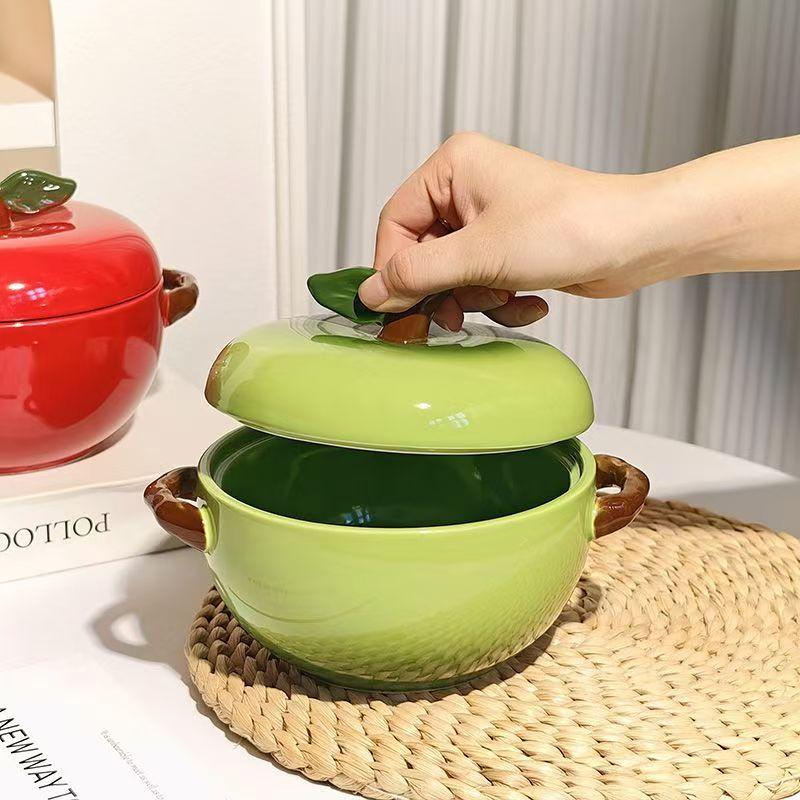 Green Apple Ceramic Binaural Soup Bowl with Cover Household Creative Student Dormitory Instant Noodles Pasta Bowl Tableware