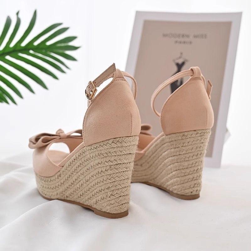 Straw Wedge Heel Sandals Women's Summer Wear 2025 New Small High Bow High Heel Sandals One-word Buckle