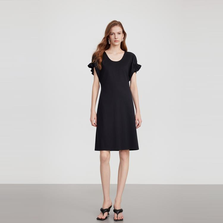 ELLE Elegant Minimalist High-Quality Round Neck Cotton A-Line Long Dress Short Sleeve Dress Women Dresses L8SLS143