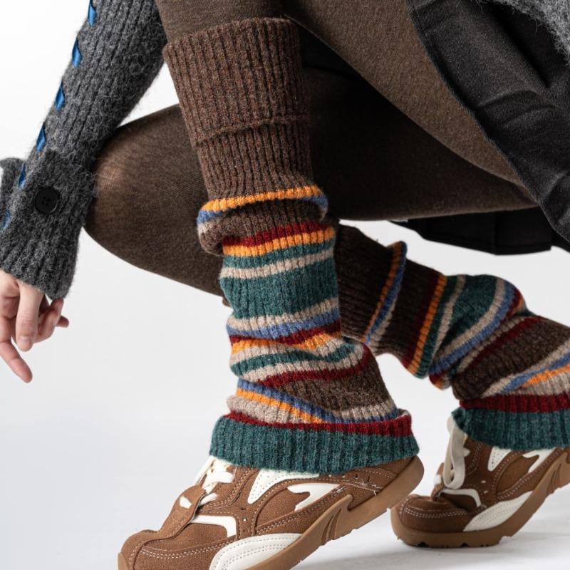 Wool Sock Sleeves - Women's Fall and Winter Warm Knitted Pile Socks with Retro Stripes - Long Tube Leg Coverings for Protecting The Legs