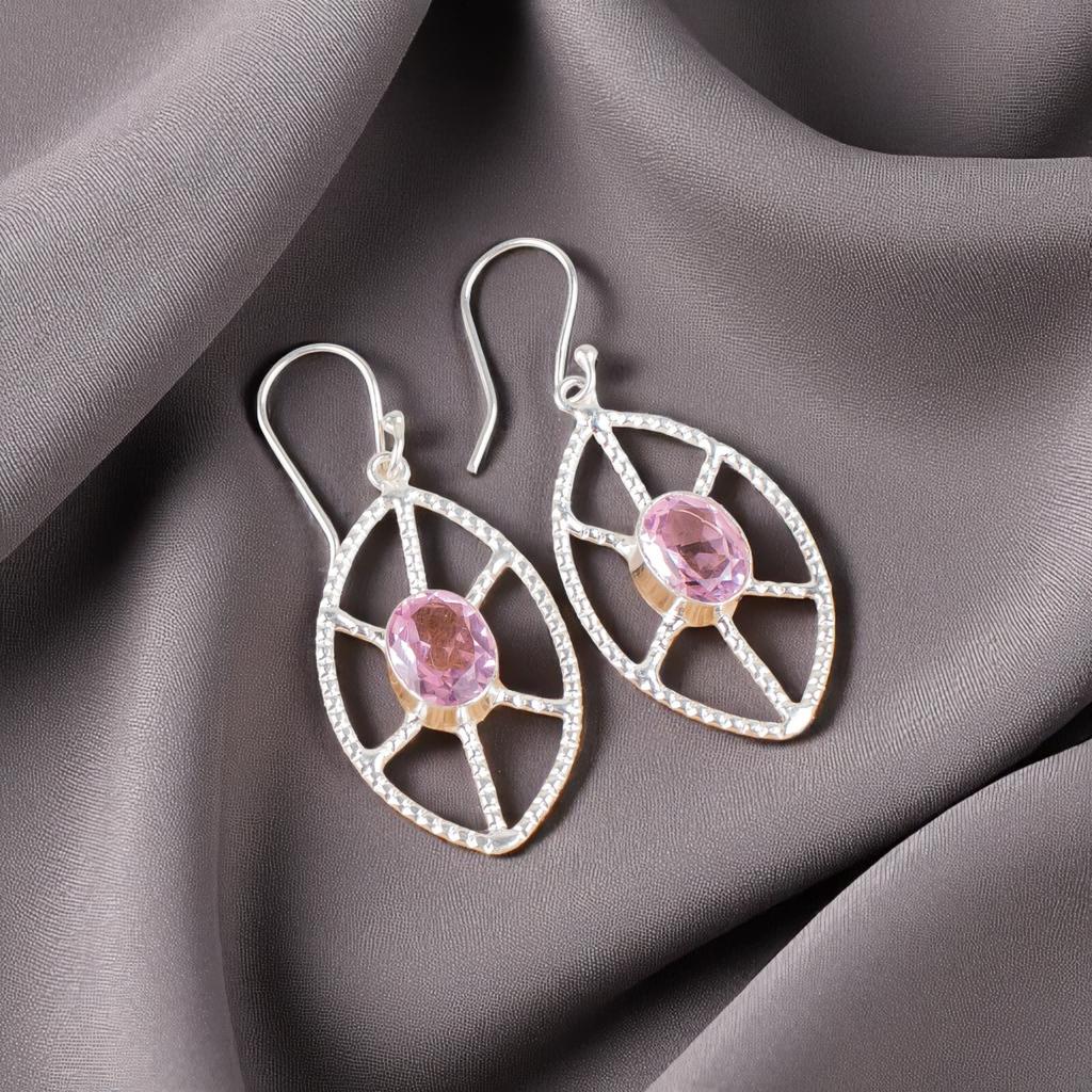 Morganite Gemstone 925 Sterling Silver Jewelry Handmade Wedding Earrings 2.00" EE-48-11