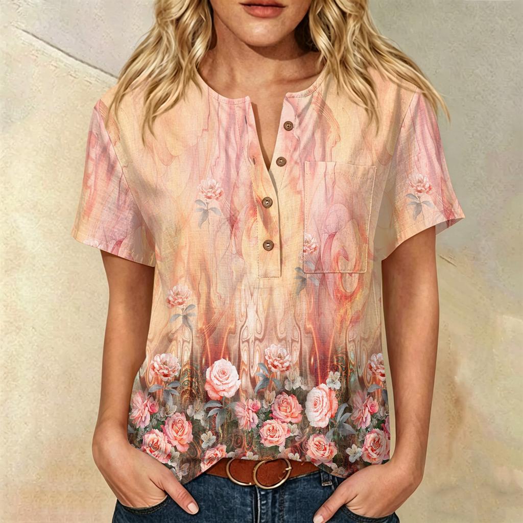 Damen Kurzarm Hemd aus Baumwolle und Leinen mit Modischem Print Henley Knopfleiste und Brusttasche für Freizeitkleidung