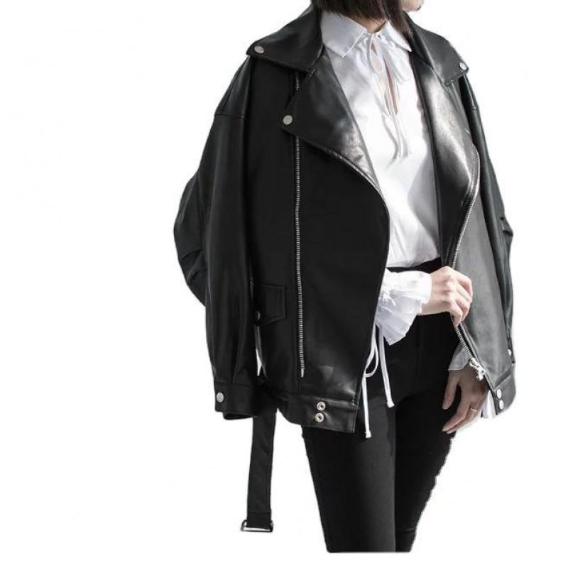 Womens Oversized PU Leather Jacket Loose Fit Streetwear Moto Style Long Sleeve Casual Outerwear