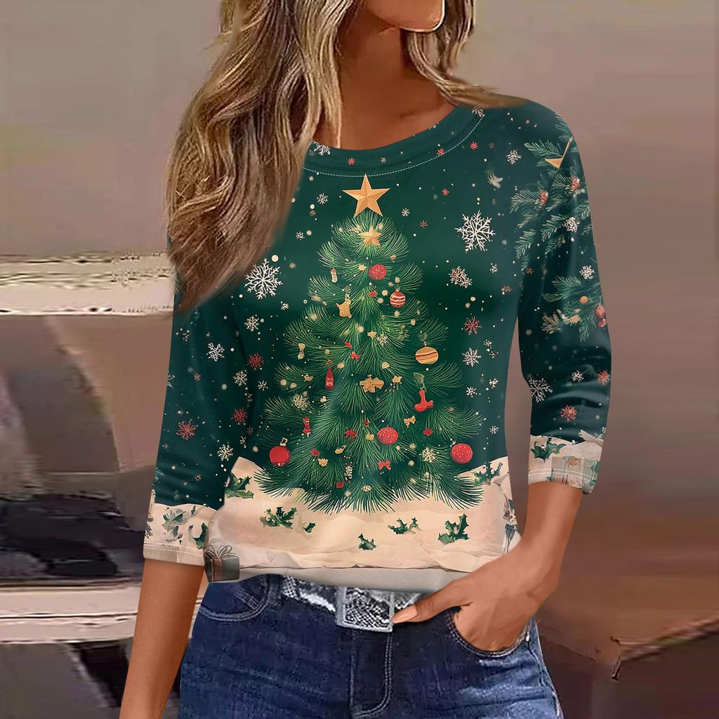 Women's Fashionable Casual Three Quarter Sleeve Christmas Printed Round Neck Top