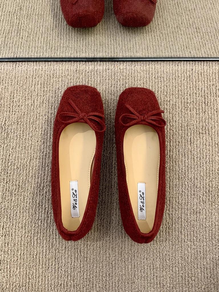 French Retro Ballet Flat Bottom Shallow Mouth Single Shoes Women's New Woolen Soft Sole Doudou Shoes One Pedal Ladyshoes