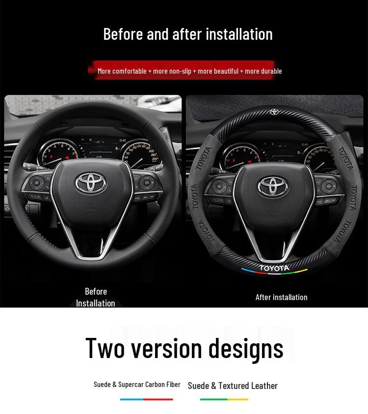 Genuine Leather & Suede Carbon Fiber Steering Wheel Cover for Toyota Camry, RAV4, Highlander, and Corolla.