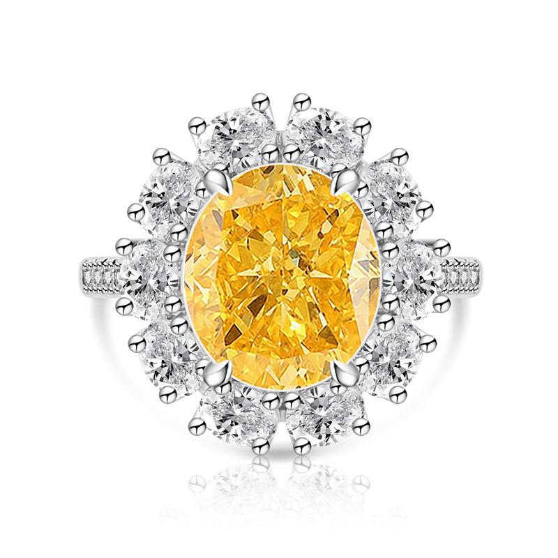 925 Sterling Silver Ice Flower Cut Sunflower Pigeon Egg Color Gem Ring Large Oval Cut High Carbon Diamond Band Women Party Jewelry
