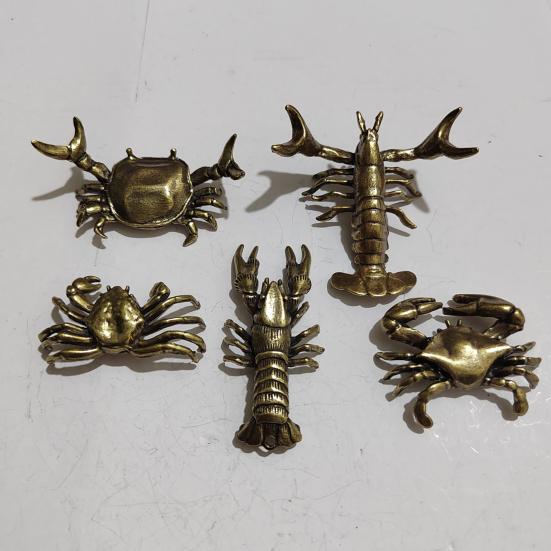 Yousheng Retro Crab/Lobster Ornaments Mini Vintage Brass Crayfish Figurine Funny Copper Shrimp Sculpture for Home Office Tea House Desktop Decor
