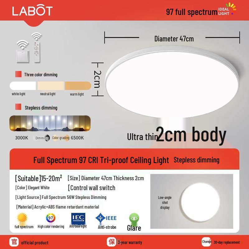 LED Ceiling Light: Three-Proof, Modern Minimalist Design for Bedroom, Balcony, Bathroom - Eye-Protective, Round Main Light
