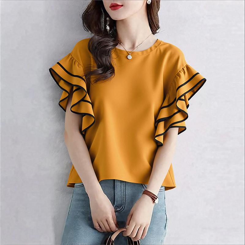 

ZANZEA Женская повседневная блузка с круглым вырезом, рукавами-рюшами и свободного кроя для лета 2XL жёлтый