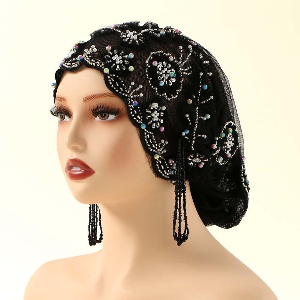 Flower Embroidery Fishtail Cap Shiny Beads Indian Headscarf Beaded Bonnet Travel Vacation Style 3