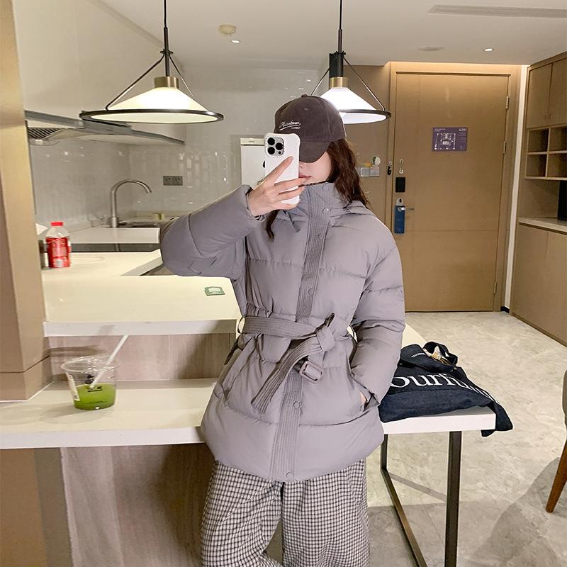Hooded waist solid color seasonal women's cotton-padded jacket stand-up collar high-end short down cotton jacket