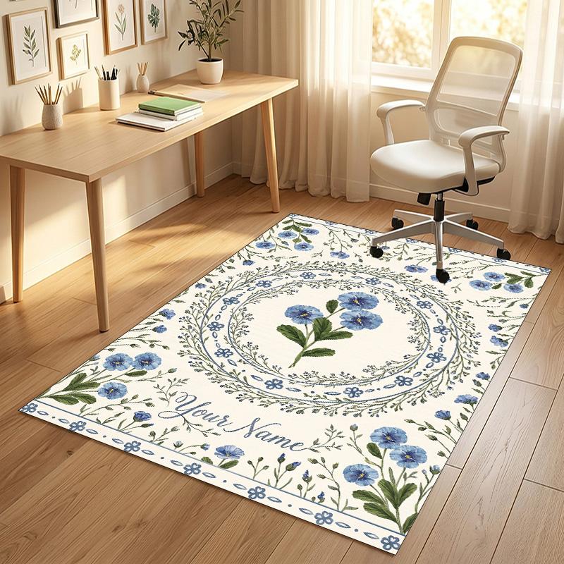 Blue Floral Elegance Theme Soft Crystal Velvet Rug Custom Name & Text Print Non Slip Floor Rug for Bedroom Living Room