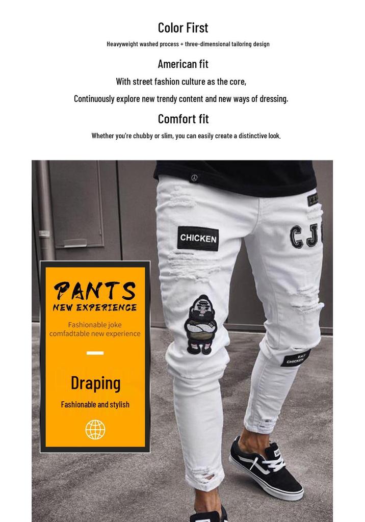 European and American Men's Ripped Badge Skinny Jeans
