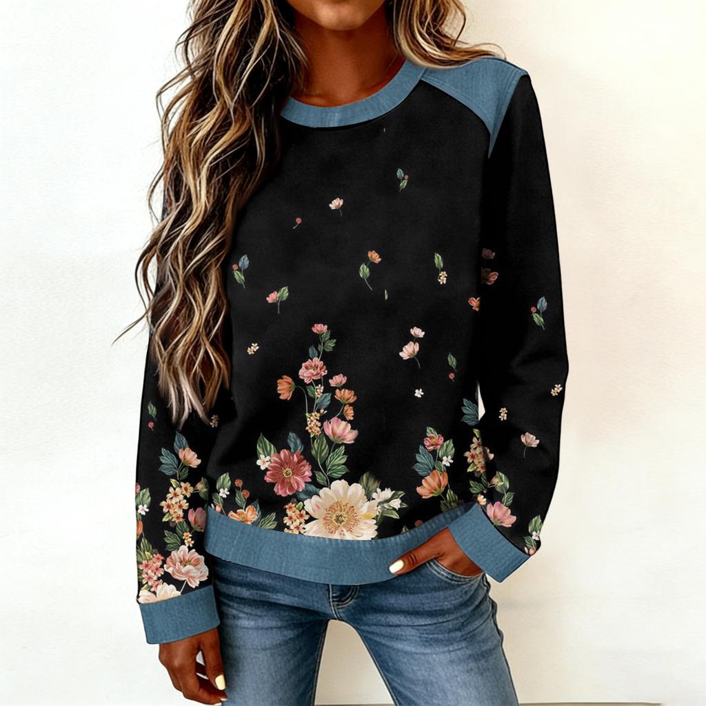 Dames sweatshirt met denim kraag en patchworkstiksels, casual trui met lange mouwen.