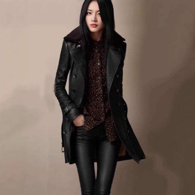 British Style Women's Mid-Length Leather Jacket with Thick Fur Collar