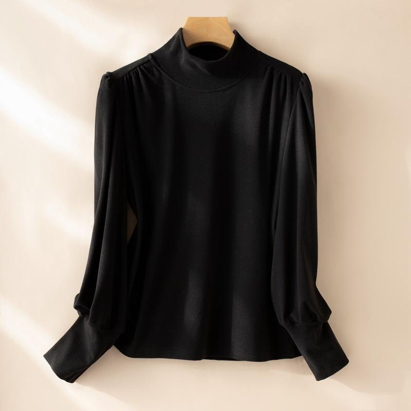 Camisa de Otoño e Invierno para Mujer con Cuello Medio Alto, Volantes en los Hombros y Bajo, Top Ajustado de Manga Larga