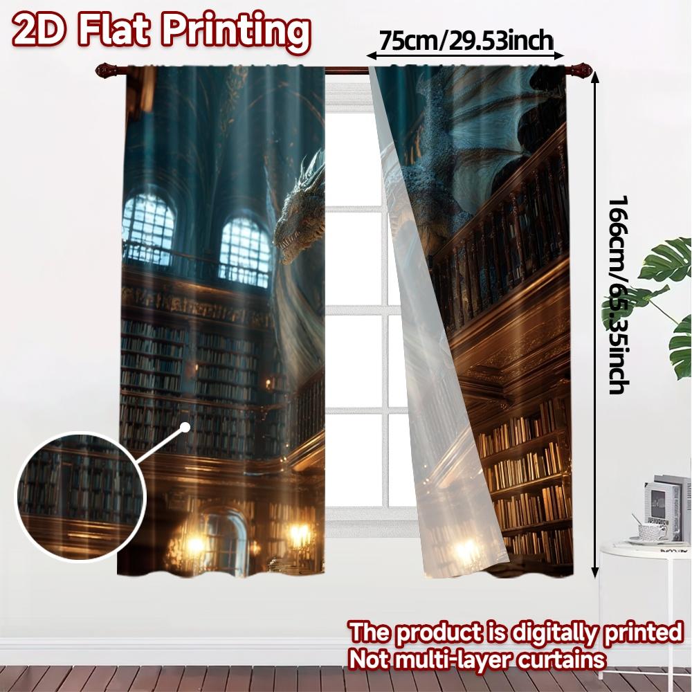 Set aus 2 flachen Druckvorhängen ohne Stange Drachen-Bibliotheksmuster Beliebtes Gewebe Alle Jahreszeiten Idealer Vorhang Polyester